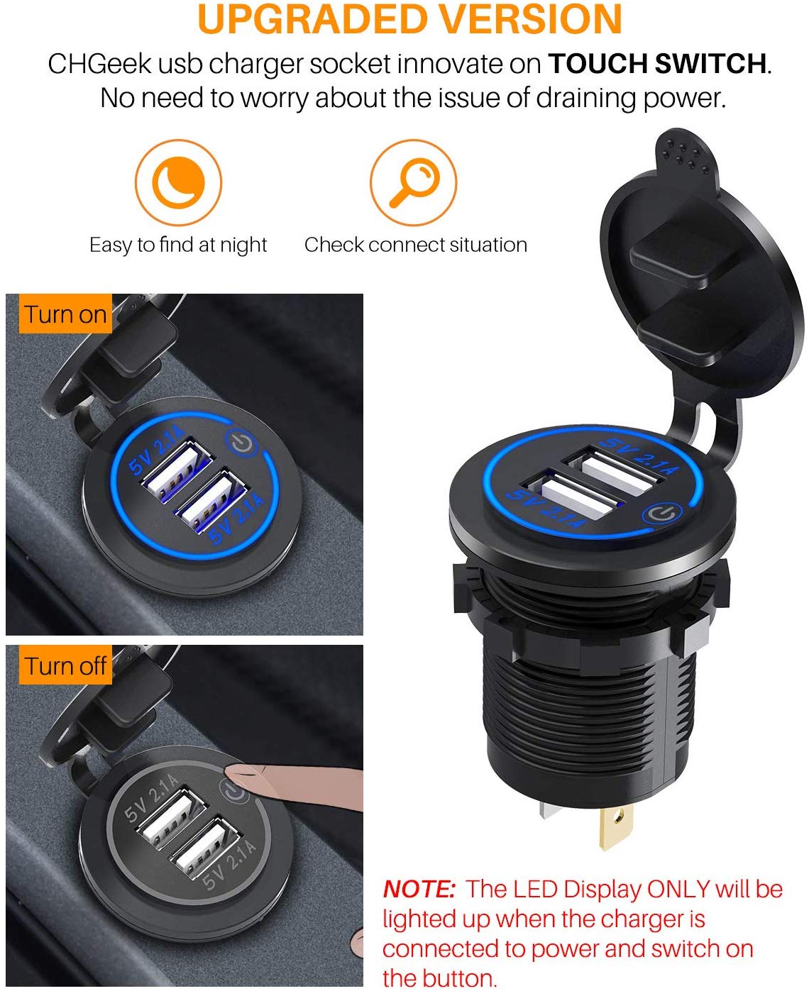 12V USB Outlet Waterproof Charger Socket USB Charging Port for Car Marine Golf 3.1A 4.2A QC3.0 with Blue LED Voltmeter